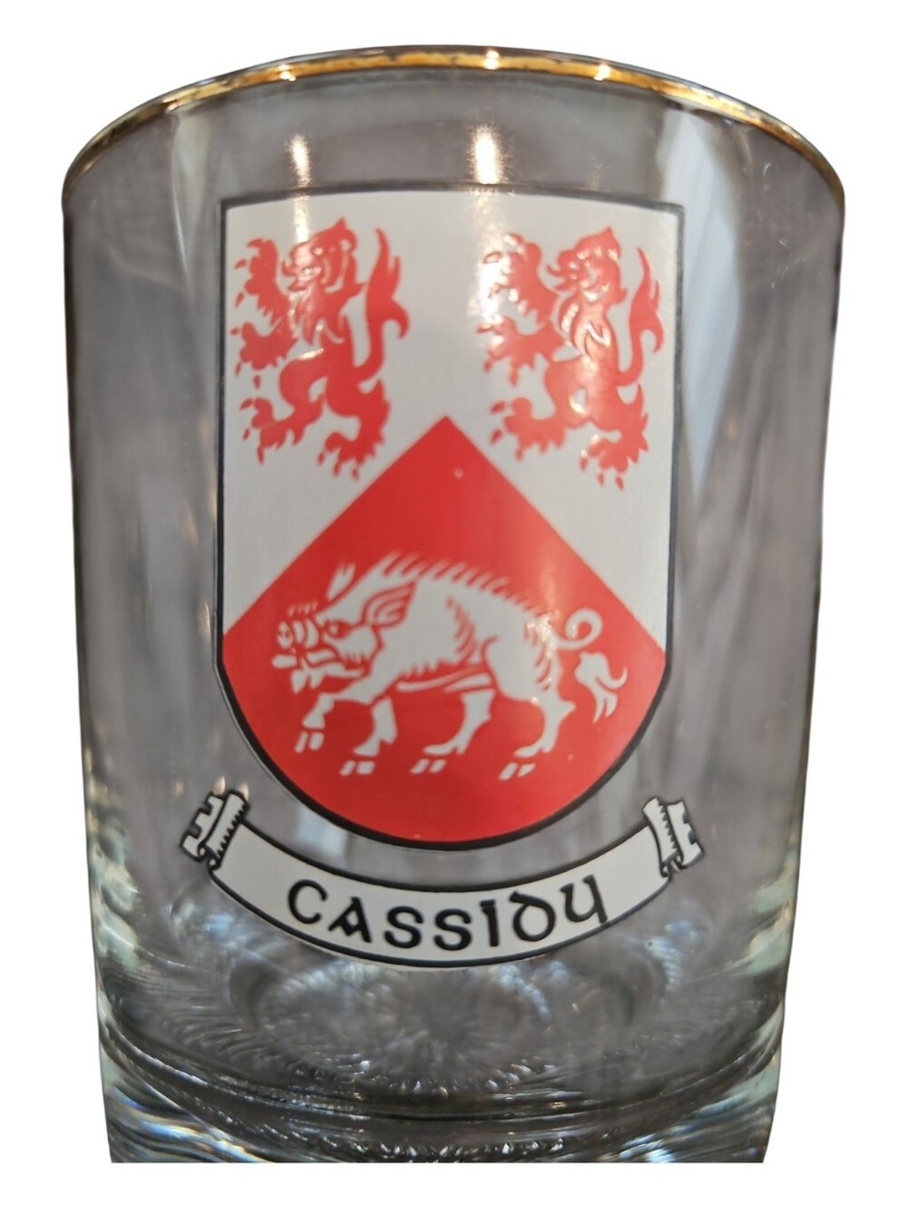 Set Of 6 Cassidy Irish Coat Of Arms Rocks Glass Original Mid Century Gold Rim